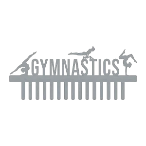 A laser-cut steel medal holder with the word 'GYMNASTICS' and three female gymnast silhouettes on top, featuring 15 hooks for medals.